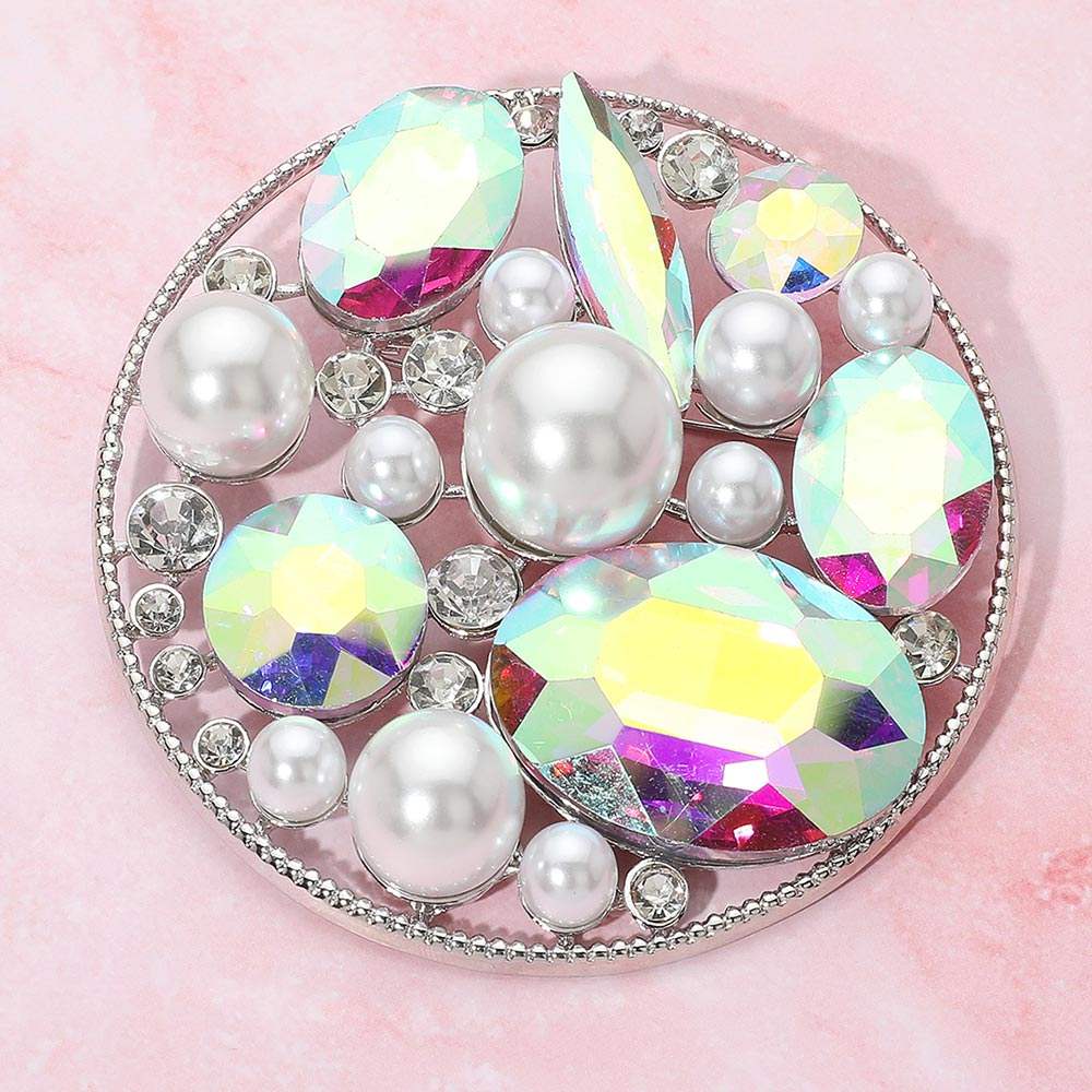 Pearl Stone Cluster Embellished Chunky Round Pin Brooch - Madeline Love - Flyclothing LLC