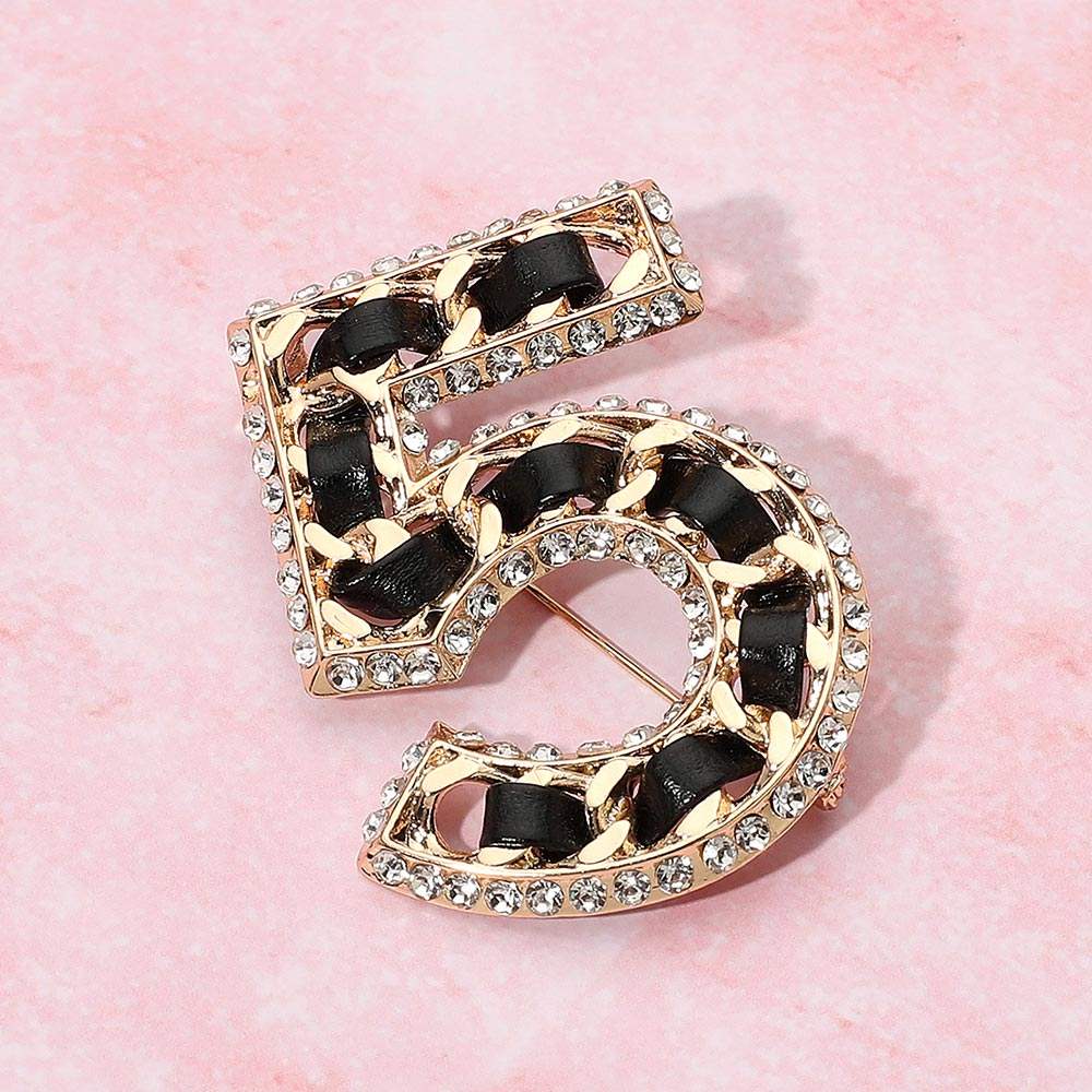 Rhinestone Rim Faux Leather Threaded Number Five Pin Brooch - Madeline Love - Flyclothing LLC