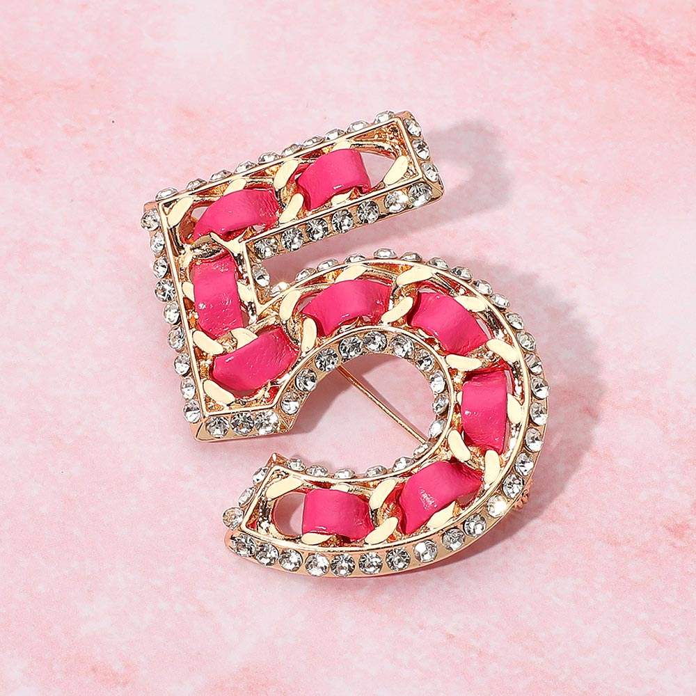 Rhinestone Rim Faux Leather Threaded Number Five Pin Brooch - Madeline Love - Flyclothing LLC