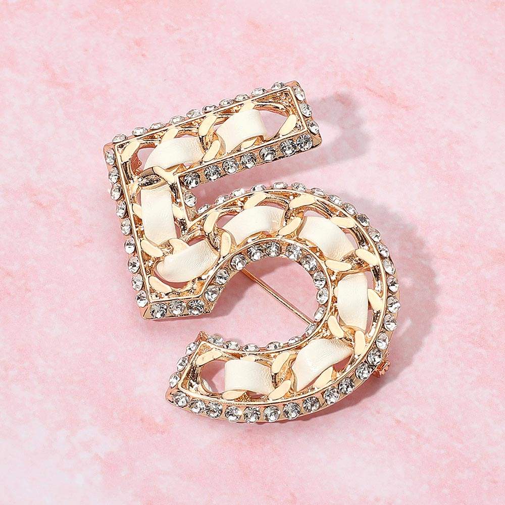Rhinestone Rim Faux Leather Threaded Number Five Pin Brooch - Madeline Love - Flyclothing LLC