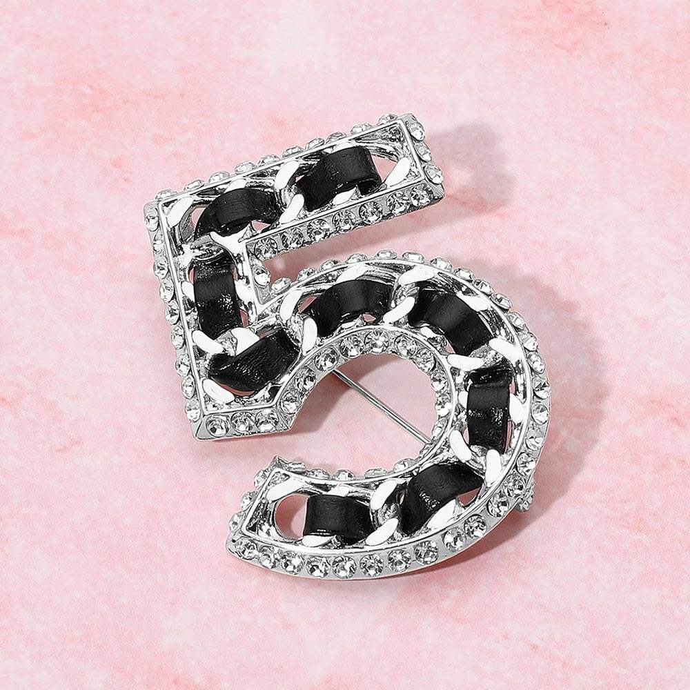 Rhinestone Rim Faux Leather Threaded Number Five Pin Brooch - Madeline Love - Flyclothing LLC
