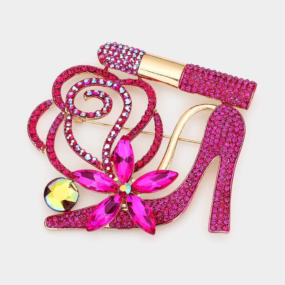 Rhinestone Pave High Heel Flower Lipstick Brooch - Madeline Love - Flyclothing LLC
