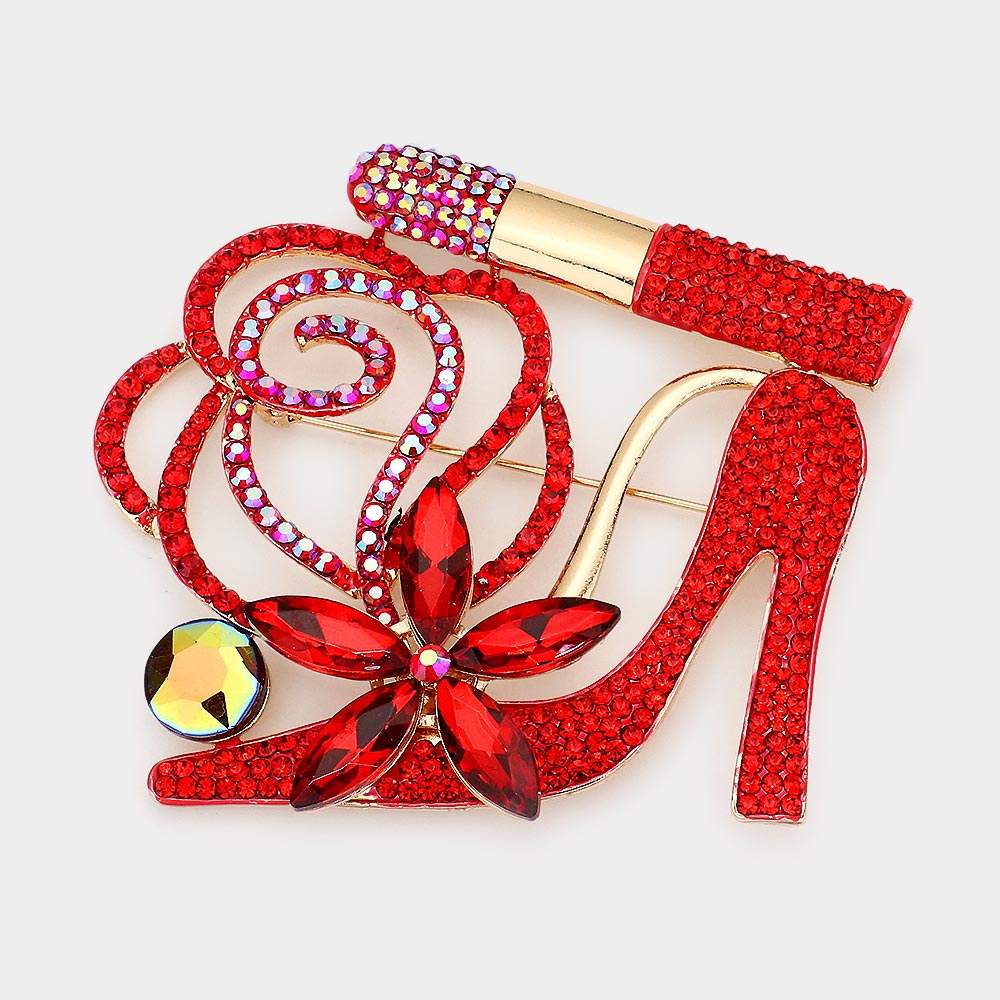 Rhinestone Pave High Heel Flower Lipstick Brooch - Madeline Love - Flyclothing LLC