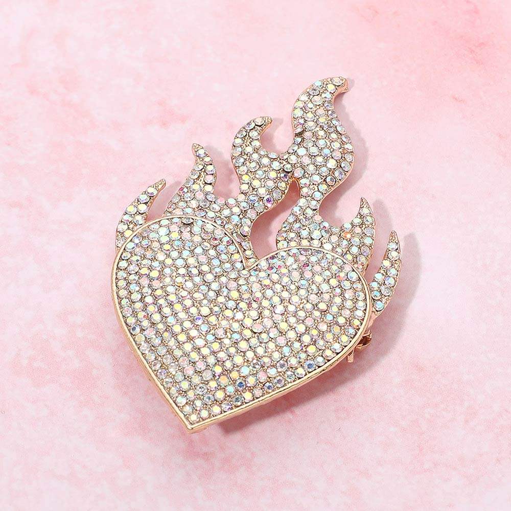 Rhinestone Pave Flame Heart Pin Brooch - Madeline Love - Flyclothing LLC