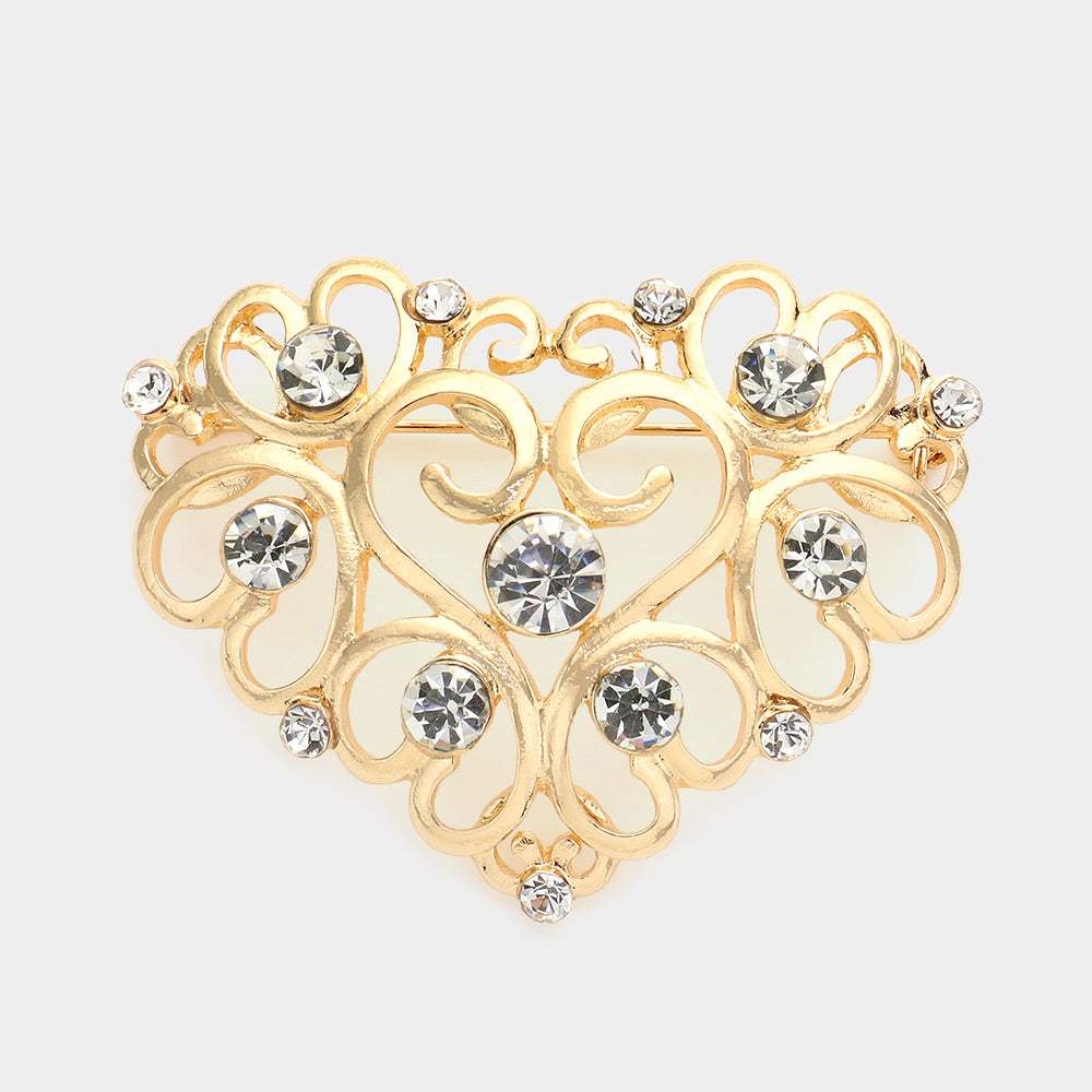 Stone Embellished Metal Heart Pin Brooch - Madeline Love - Flyclothing LLC