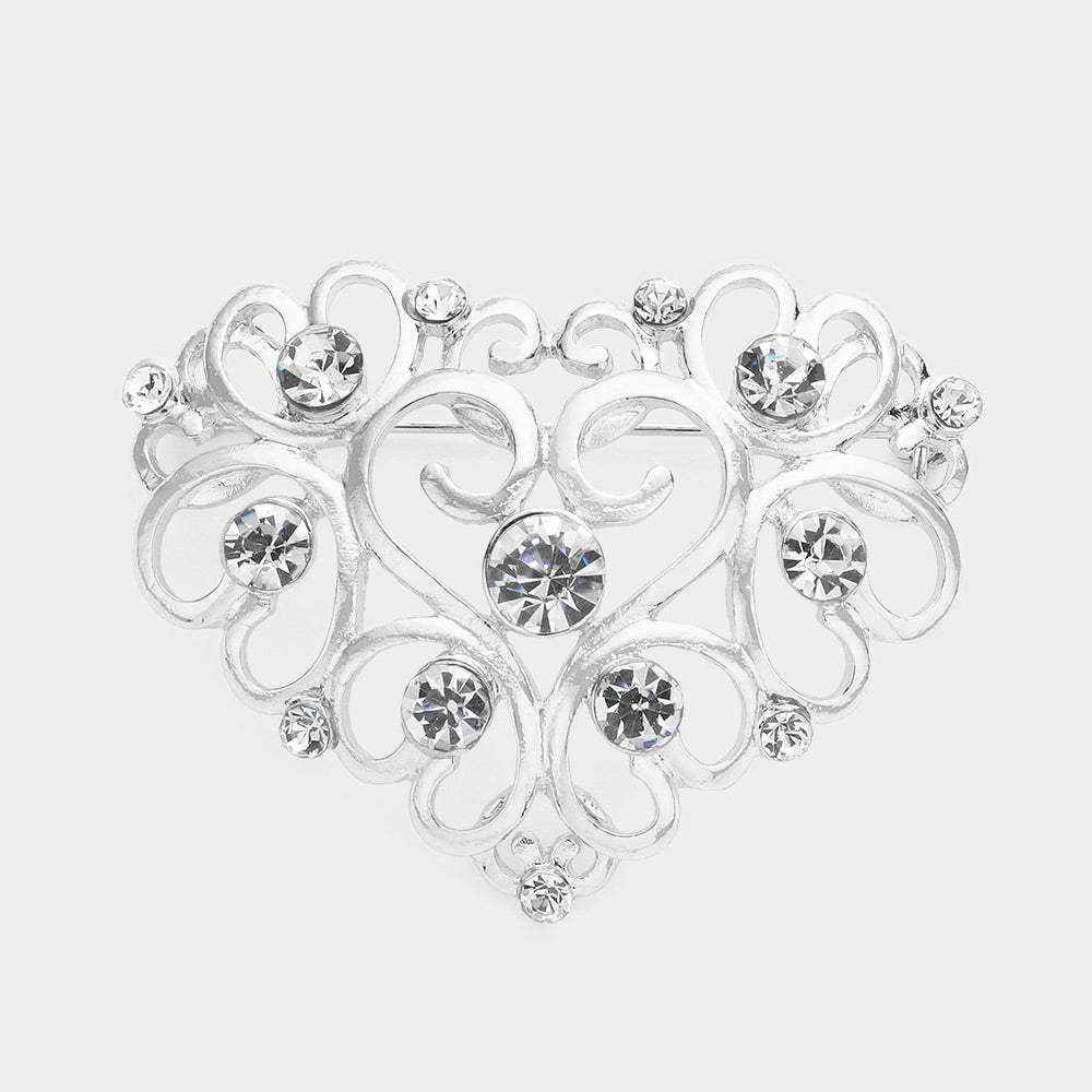 Stone Embellished Metal Heart Pin Brooch - Madeline Love - Flyclothing LLC