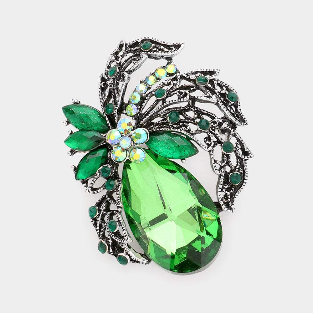 Teardrop Stone Accented Leaf Pin Brooch - Madeline Love - Flyclothing LLC