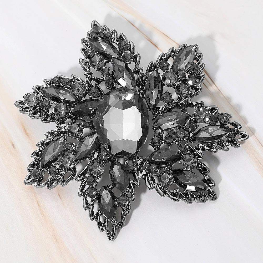 Oval Stone Center Rhinestone Studded Floral Statement Pin Brooch - Madeline Love - Flyclothing LLC