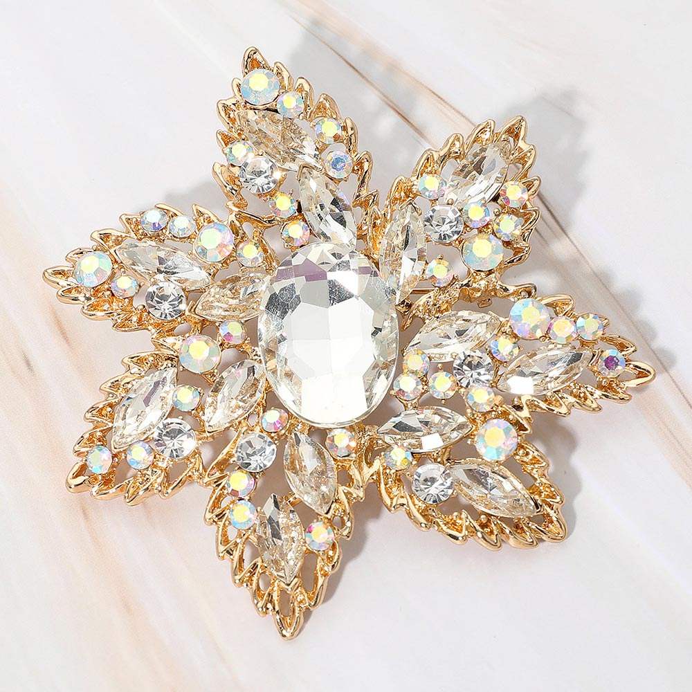 Oval Stone Center Rhinestone Studded Floral Statement Pin Brooch - Madeline Love - Flyclothing LLC