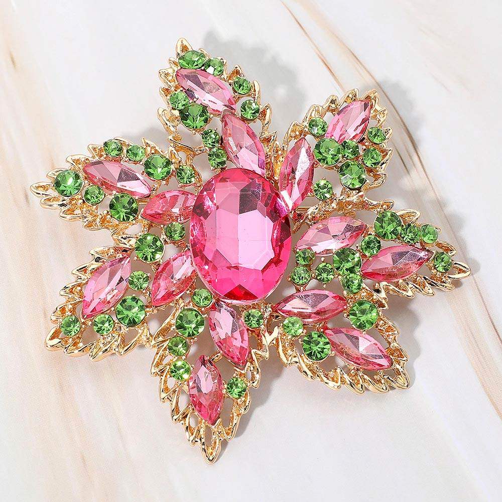 Oval Stone Center Rhinestone Studded Floral Statement Pin Brooch - Madeline Love - Flyclothing LLC