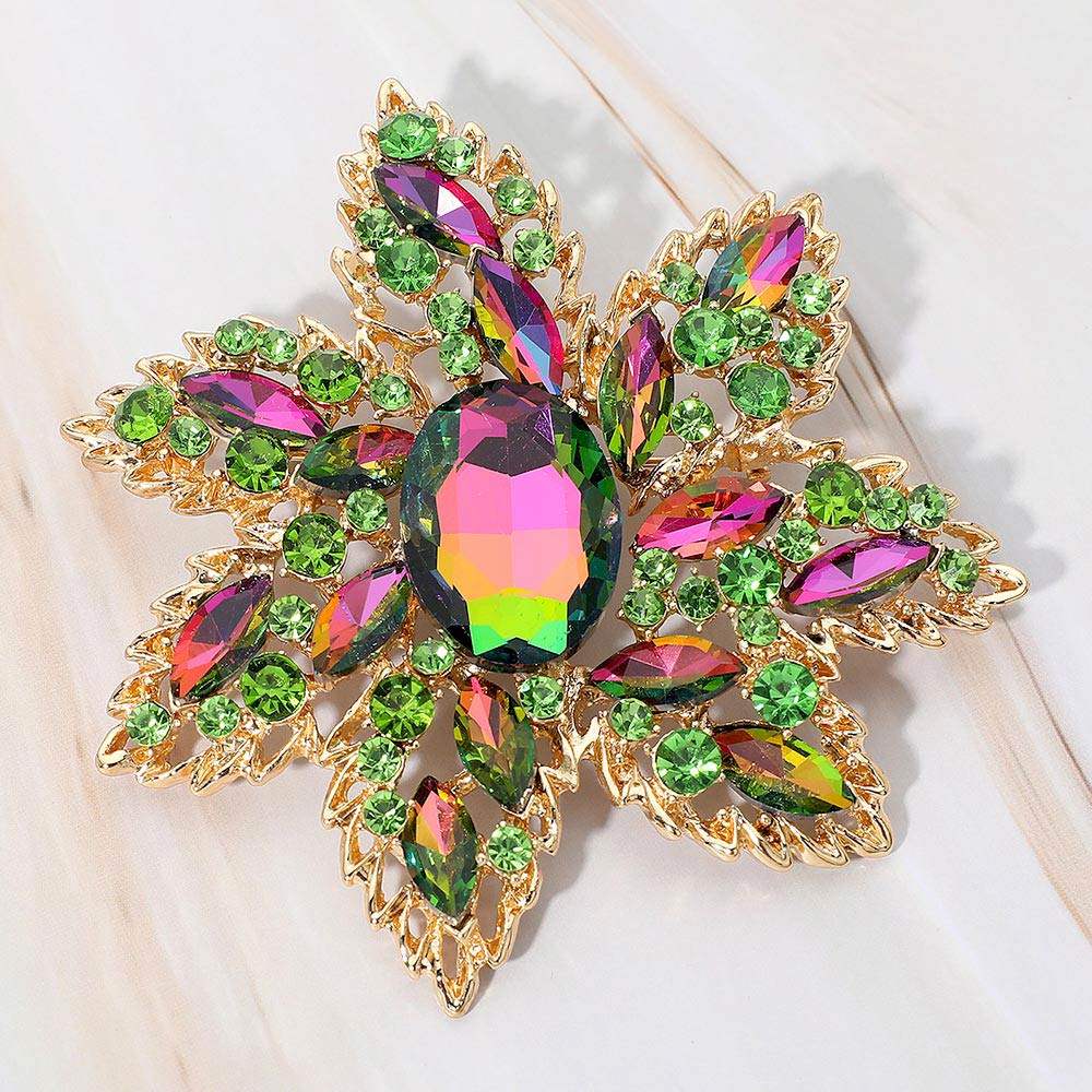 Oval Stone Center Rhinestone Studded Floral Statement Pin Brooch - Madeline Love - Flyclothing LLC