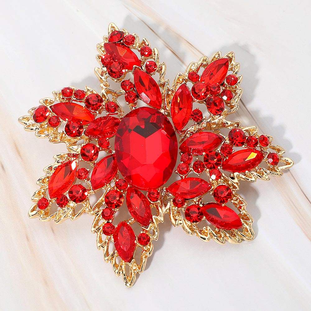 Oval Stone Center Rhinestone Studded Floral Statement Pin Brooch - Madeline Love - Flyclothing LLC