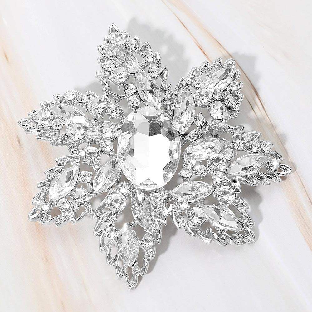 Oval Stone Center Rhinestone Studded Floral Statement Pin Brooch - Madeline Love - Flyclothing LLC