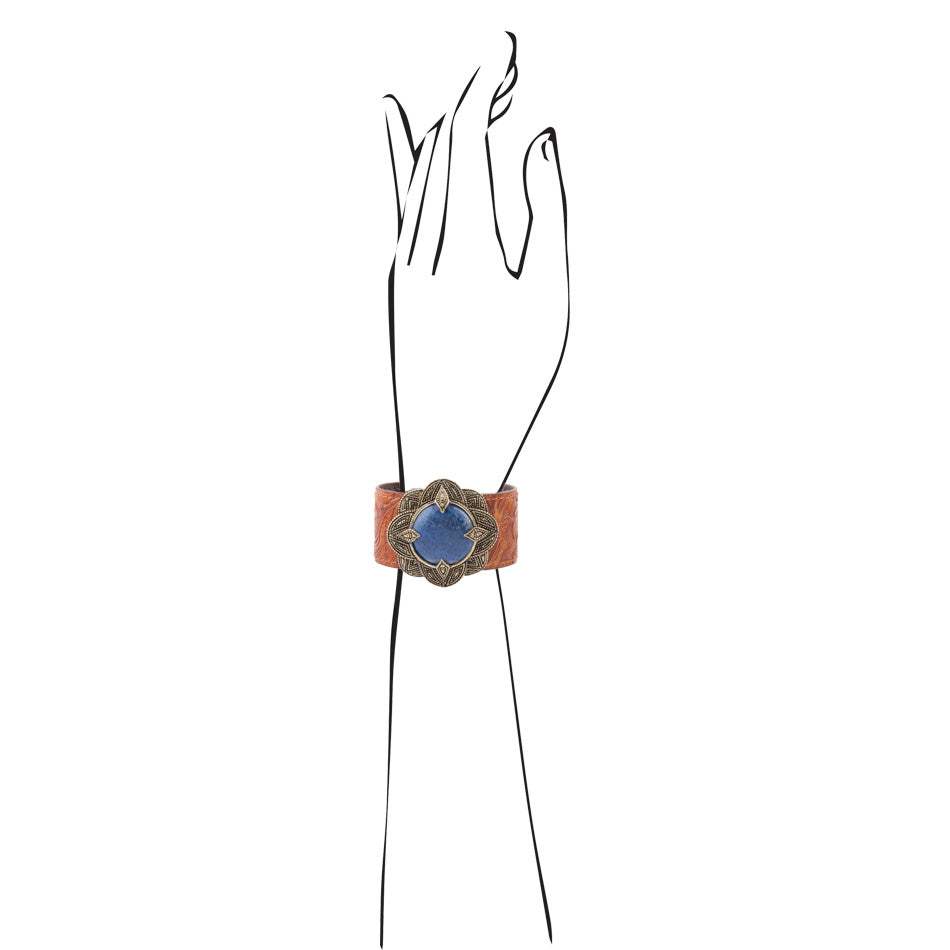 Ornate Blue Lapis Golden Leather Cuff Bracelet - Barse Jewelry - Flyclothing LLC