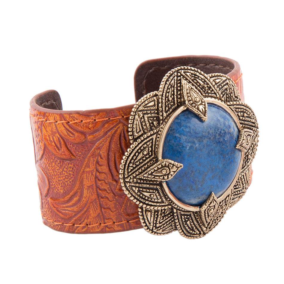 Ornate Blue Lapis Golden Leather Cuff Bracelet - Barse Jewelry - Flyclothing LLC