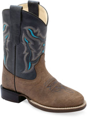 Old West Brown Bull Hide Print Foot Pillow Blue Shaft CHILDREN'S BROAD ROUND TOE BOOTS - Old West