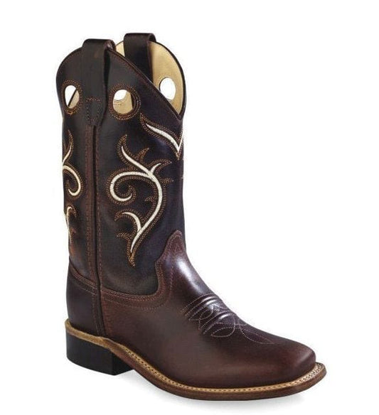 Old West Brown foot Dark Brown shaft Children's Broad Square Toe Boots - Old West