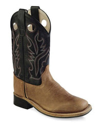 Old West Light Brown foot Black shaft Youth's Broad Square Toe Boots