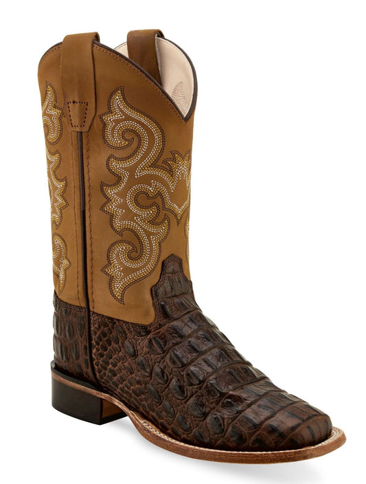 Old West Brown Faux Horn Back Gator Print foot Tan Canyon shaft Youth's Faux Horn Back Gator Print Boots