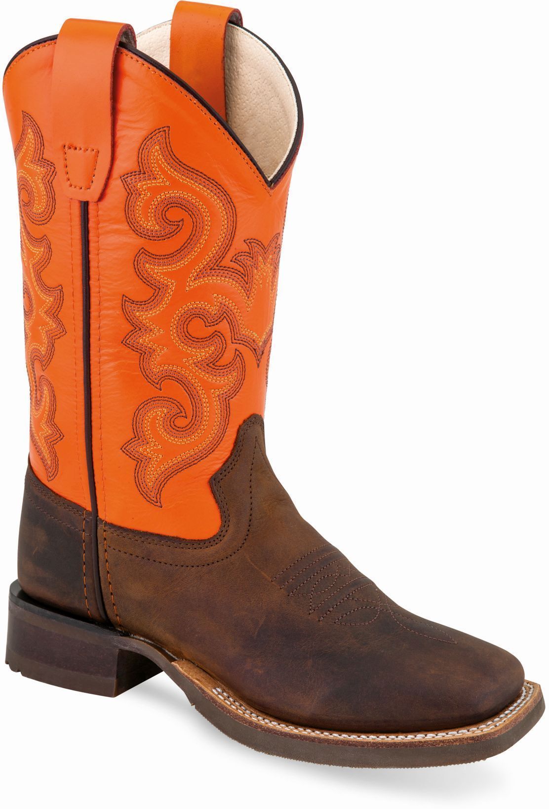 Old West Brown Foot Neon Orange Shaft Youth's Broad Square Round Toe Boots
