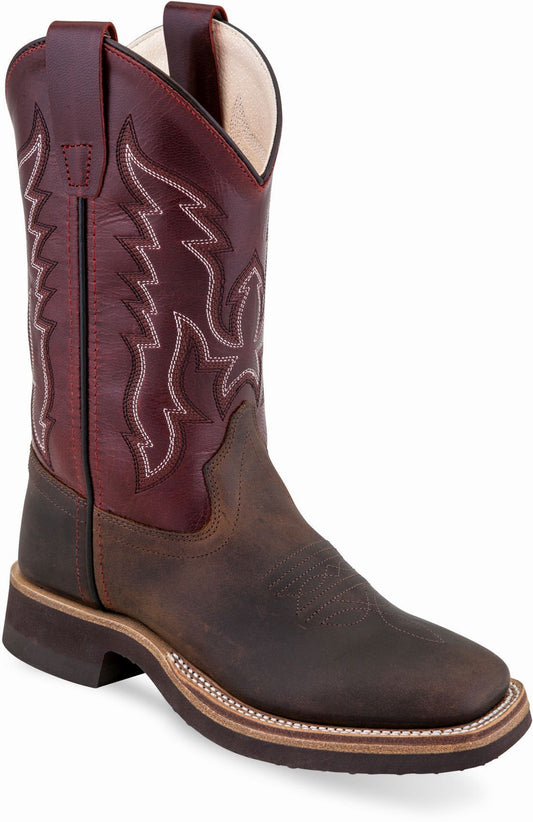 Old West Brown Foot Red Shaft Youth's Broad Square Toe Boots