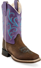 Old West Brown Foot Purple Shaft Youth's Broad Square Toe Boots
