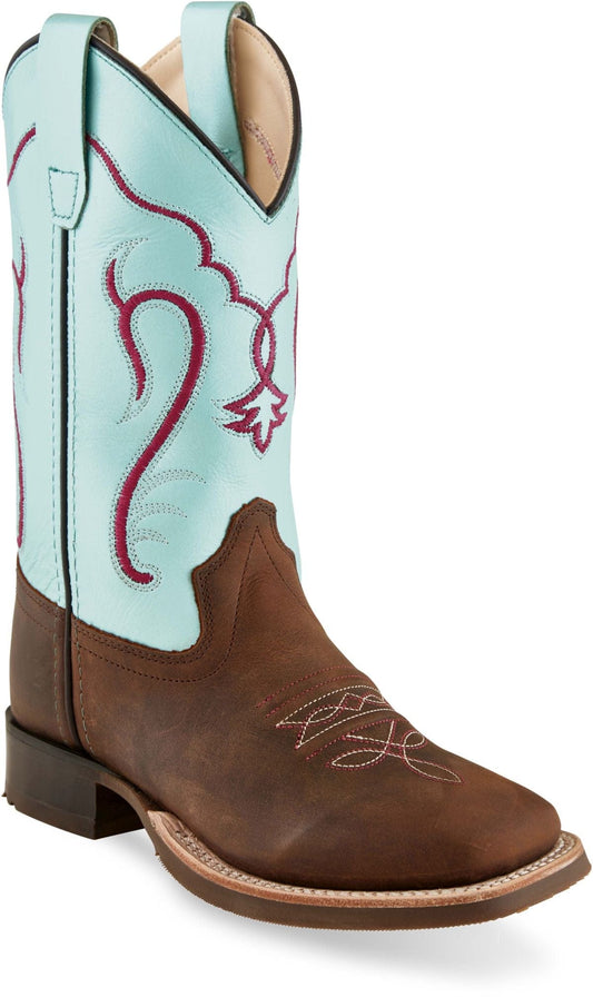 Old West Brown foot Silver Light Blue shaft Children’s Broad Square Toe Boots - Old West