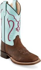 Old West Brown foot Silver Light Blue shaft Children’s Broad Square Toe Boots - Old West