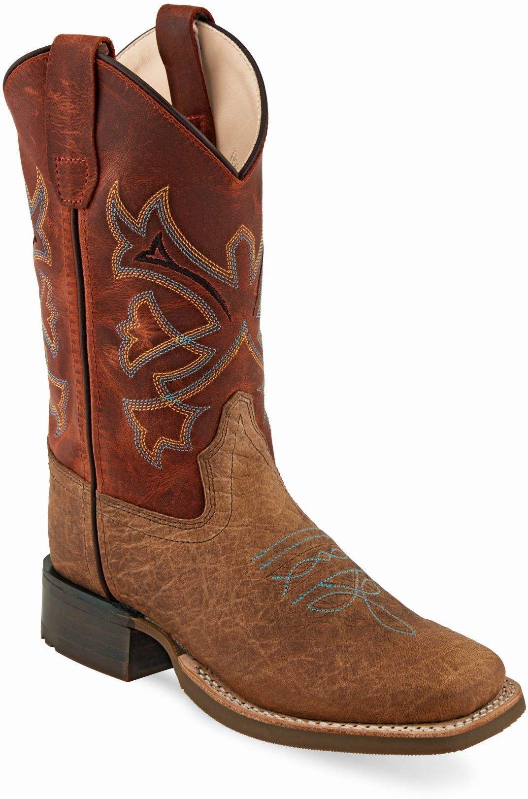 Old West Brown Bull Hide Print Foot Burnt Red Waxy Shaft Youth's Broad Square Toe Boots - Old West - Flyclothing LLC