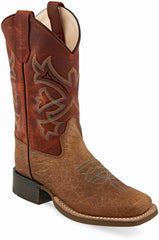 Old West Brown Bull Hide Print Foot Burnt Red Waxy Shaft Youth's Broad Square Toe Boots