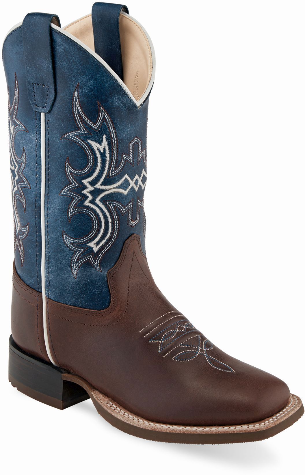 Old West Brown Foot Wipe Out Blue Shaft Youth's Broad Square Toe Boots