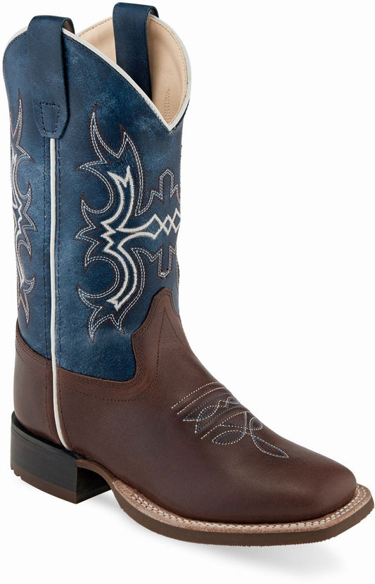 Old West Brown Foot Wipe Out Blue Shaft Youth's Broad Square Toe Boots - Old West