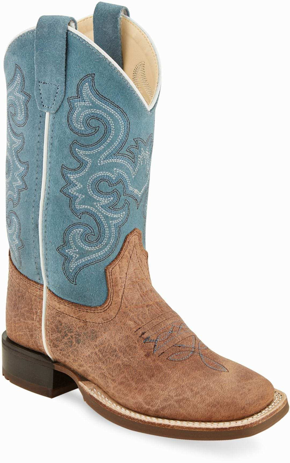 Old West Brown Bull Hide Print Foot Sky Blue Suede Shaft Youth's Broad Square Toe Boots - Old West