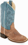 Old West Brown Bull Hide Print Foot Sky Blue Suede Shaft Youth's Broad Square Toe Boots - Old West