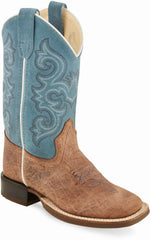 Old West Brown Bull Hide Print Foot Sky Blue Suede Shaft Youth's Broad Square Toe Boots