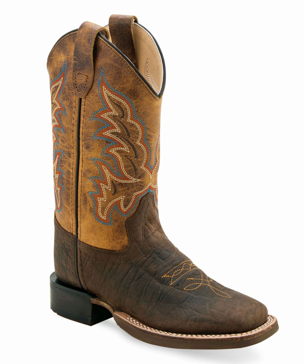 Old West Dark Brown Bull Hide Print Foot Burnt Brown Shaft Youth's Broad Square Toe Boots