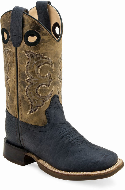 Old West Black Bull Hide Print Foot Cactus Brown Shaft Youth's Broad Square Toe Boots - Old West