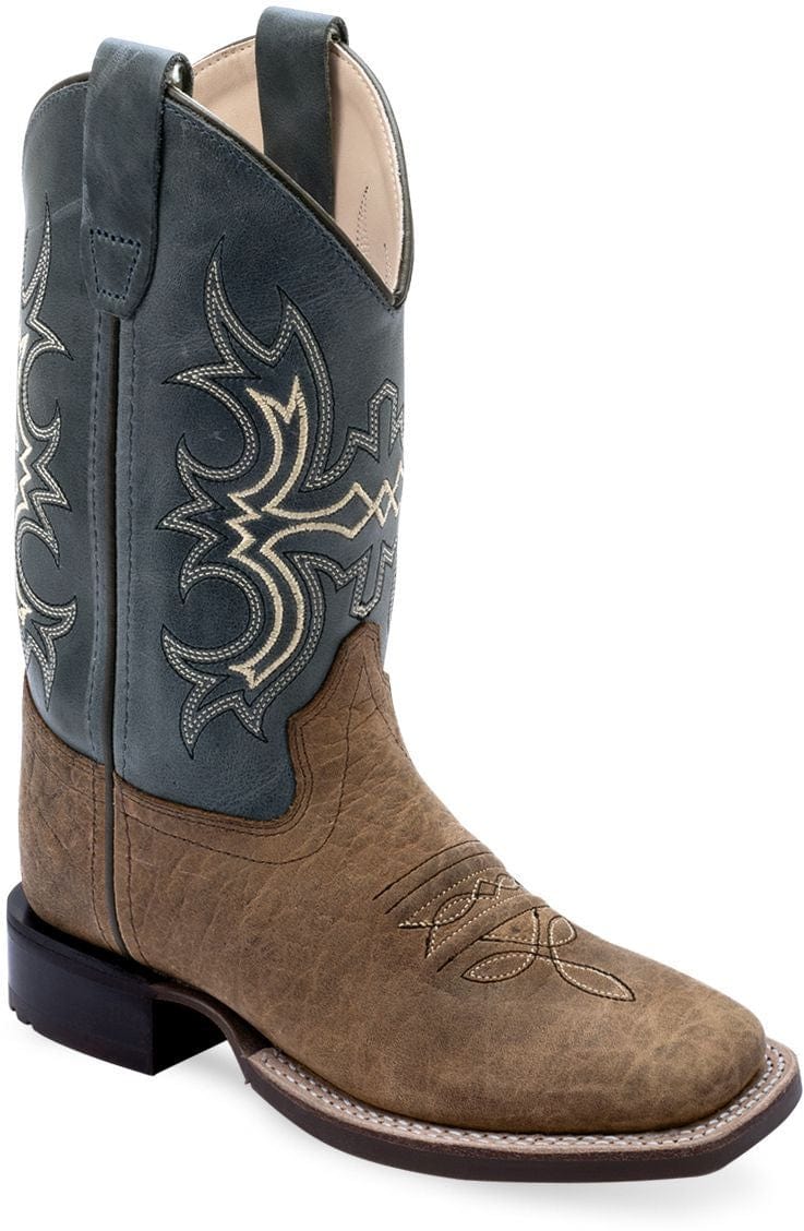 Old West Brown Bull Hide Print Foot Pillow Blue Shaft YOUTH'S BROAD SQUARE TOE BOOTS - Old West