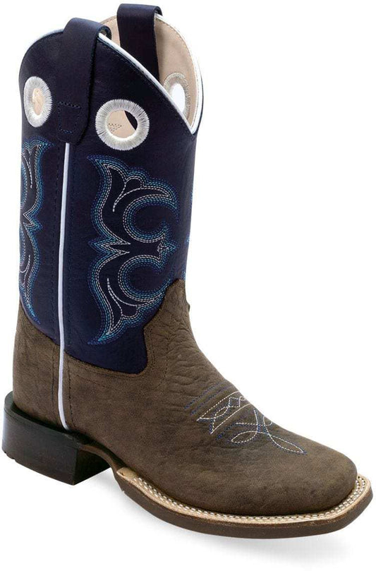 Old West Dark Brown Bull Hide Print Foot Midnight Blue Shaft YOUTH'S BROAD SQUARE TOE BOOTS - Old West - Flyclothing LLC