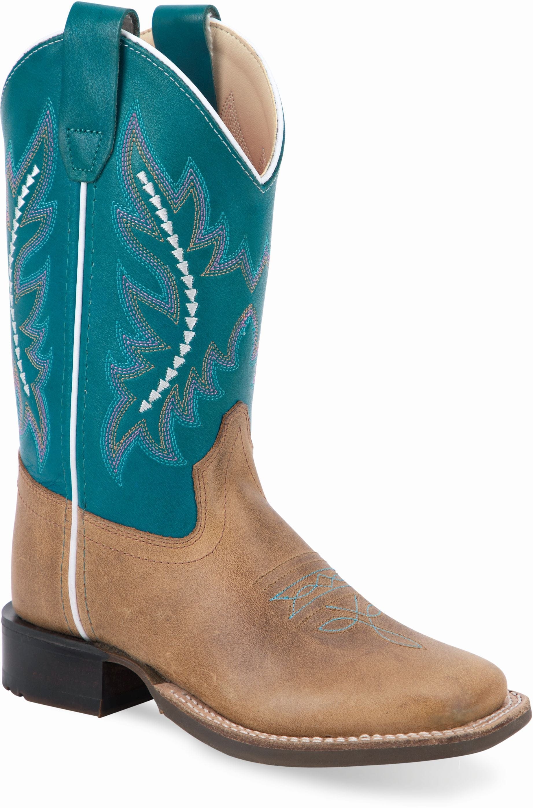Old West Light Brown Foot Antique Polish Turquoise Shaft Youth's Broad Square Toe Boots - Old West