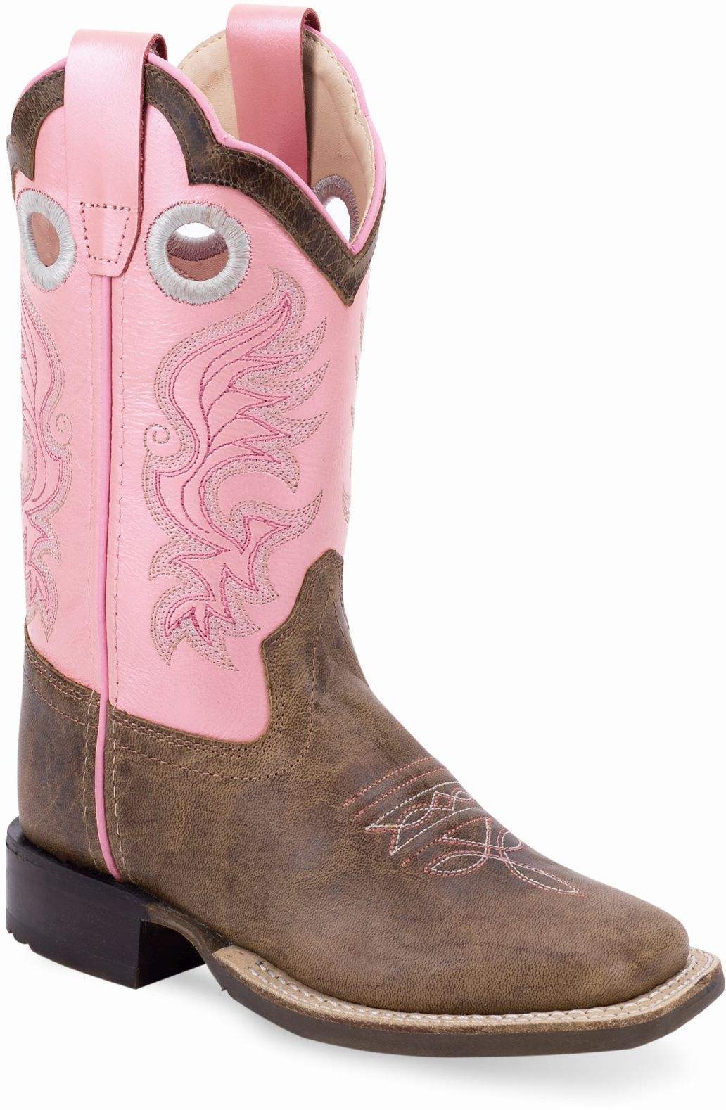 Old West Olive Blister Foot Metallic Pink Shaft with Olive Blister Collar Youth's Broad Square Toe Boots - Old West - Flyclothing LLC