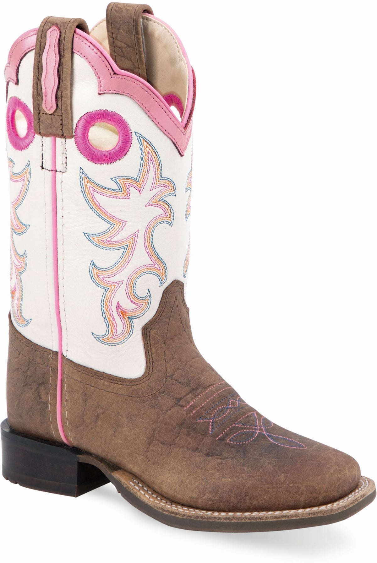 Old West Brown Bull Hide Print Foot White Shaft with Pink Collar Youth's Broad Square Toe Boots