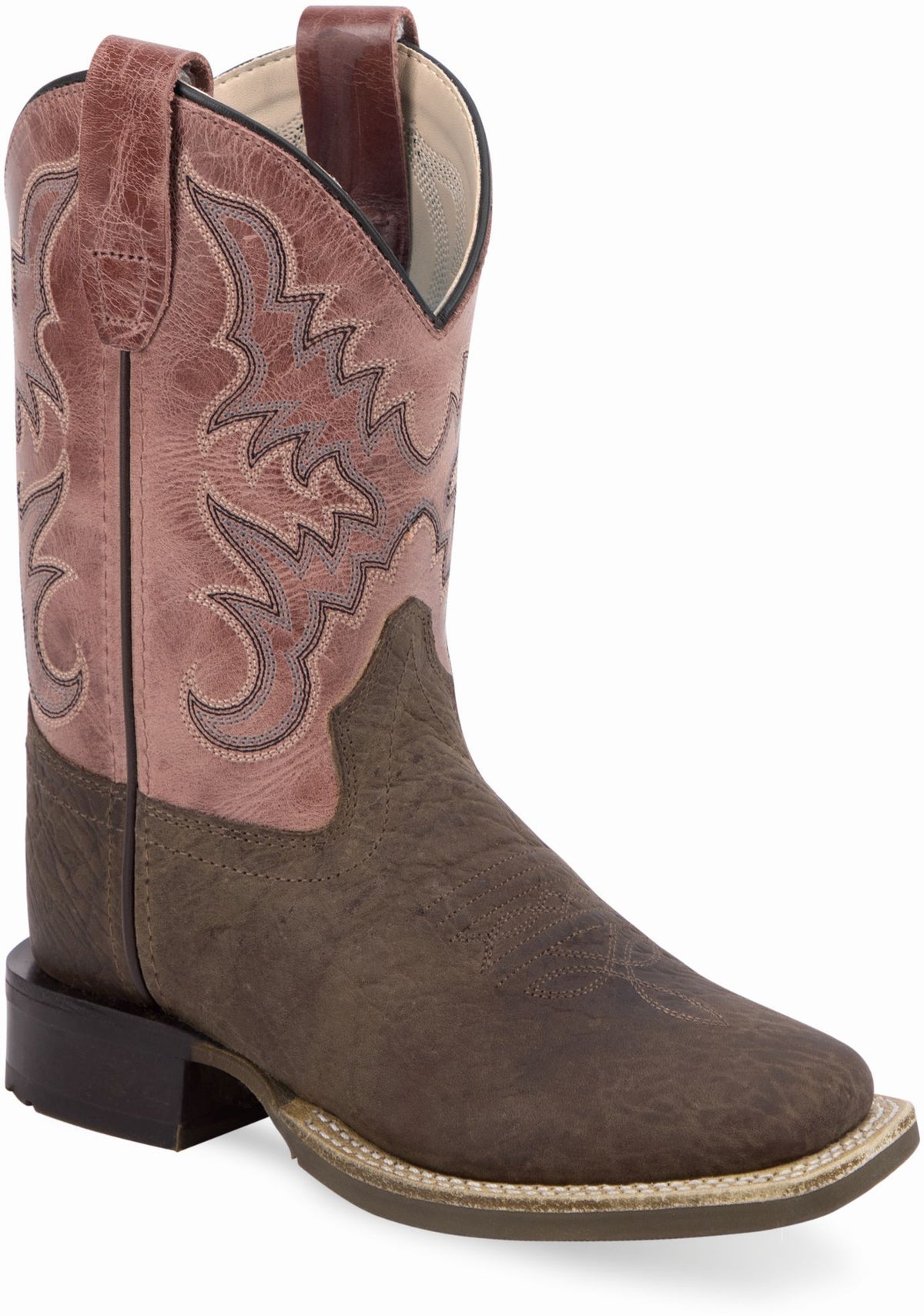 Old West Dark Brown Bull Hide Print Foot Light Pink Cactus Shaft Youth's Broad Square Toe Boots