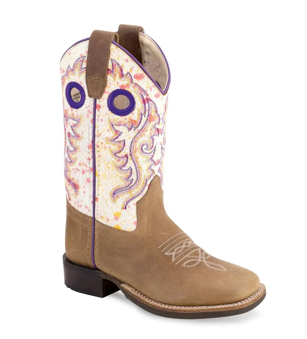 Old West Light Brown Foot White Crackle Shaft Youth's Broad Square Toe Boots - Old West - Flyclothing LLC