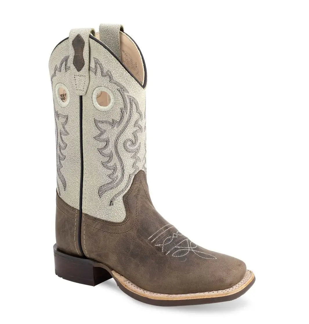 Old West Chocolate Brown Foot Vintage White Shaft Youth's Broad Square Toe Boots - Old West - Flyclothing LLC
