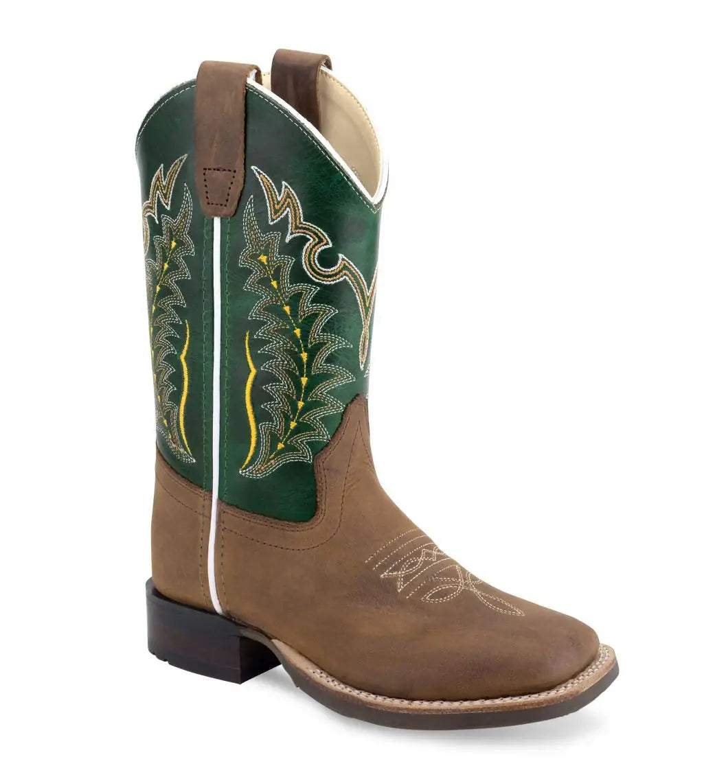Old West Brown Foot Green Waxy Shaft Youth's Broad Square Toe Boots - Old West - Flyclothing LLC