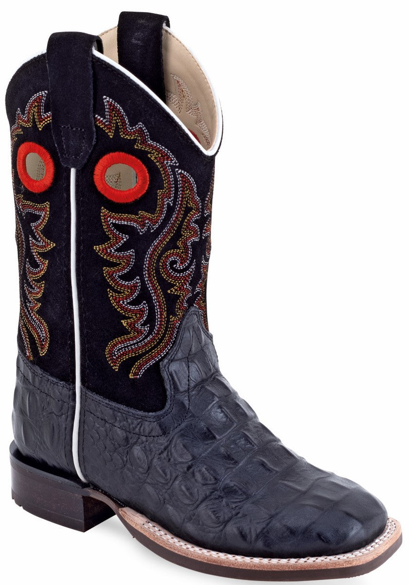 Old West Children's & Youth's Broad Square Toe Boots Black Faux Horn Back Gator Print Foot / Black Suede Shaft BSC2010 BSY2010 - Old West - Flyclothing LLC