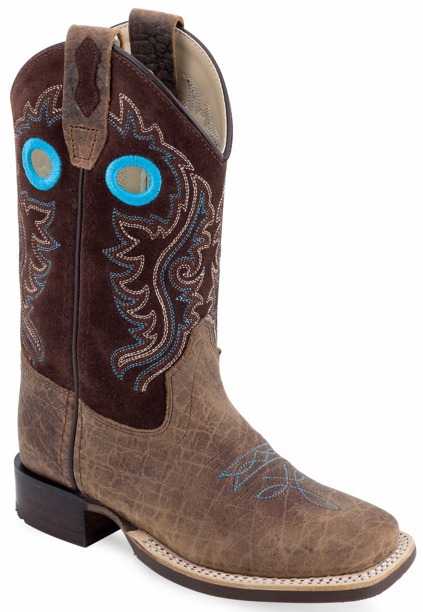 Old West Children's & Youth's Broad Square Toe Boots Brown Bull Hide Print Foot / Brown Suede Shaft BSC2011 BSY2011 - Old West - Flyclothing LLC