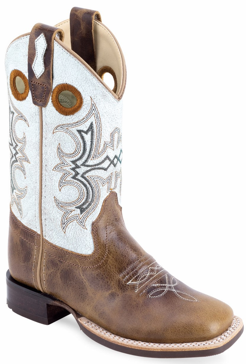 Old West Children's & Youth's Broad Square Toe Boots Burnt Tan Foot / White Crackle Shaft BSC2014 BSY2014 - Old West - Flyclothing LLC