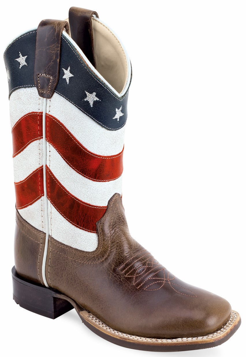 Old West Children's & Youth's Broad Square Toe Boots Brown Foot / Red, White & Blue Shaft BSC2015 BSY2015 - Old West - Flyclothing LLC